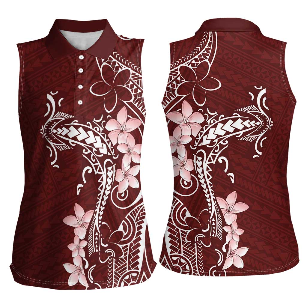 Oxblood Hawaii Women Sleeveless Polo Shirt Hammerhead Shark Tattoo Curve Polynesian - Polynesian Pride