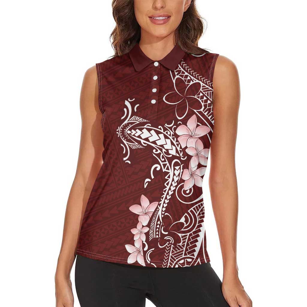 Oxblood Hawaii Women Sleeveless Polo Shirt Hammerhead Shark Tattoo Curve Polynesian - Polynesian Pride