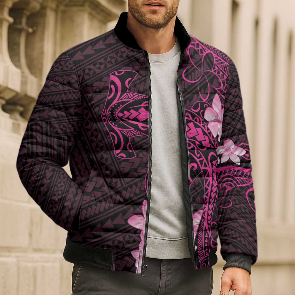 Pink Hawaii Bomber Puffer Jacket Hammerhead Shark Tattoo Curve Polynesian - Polynesian Pride