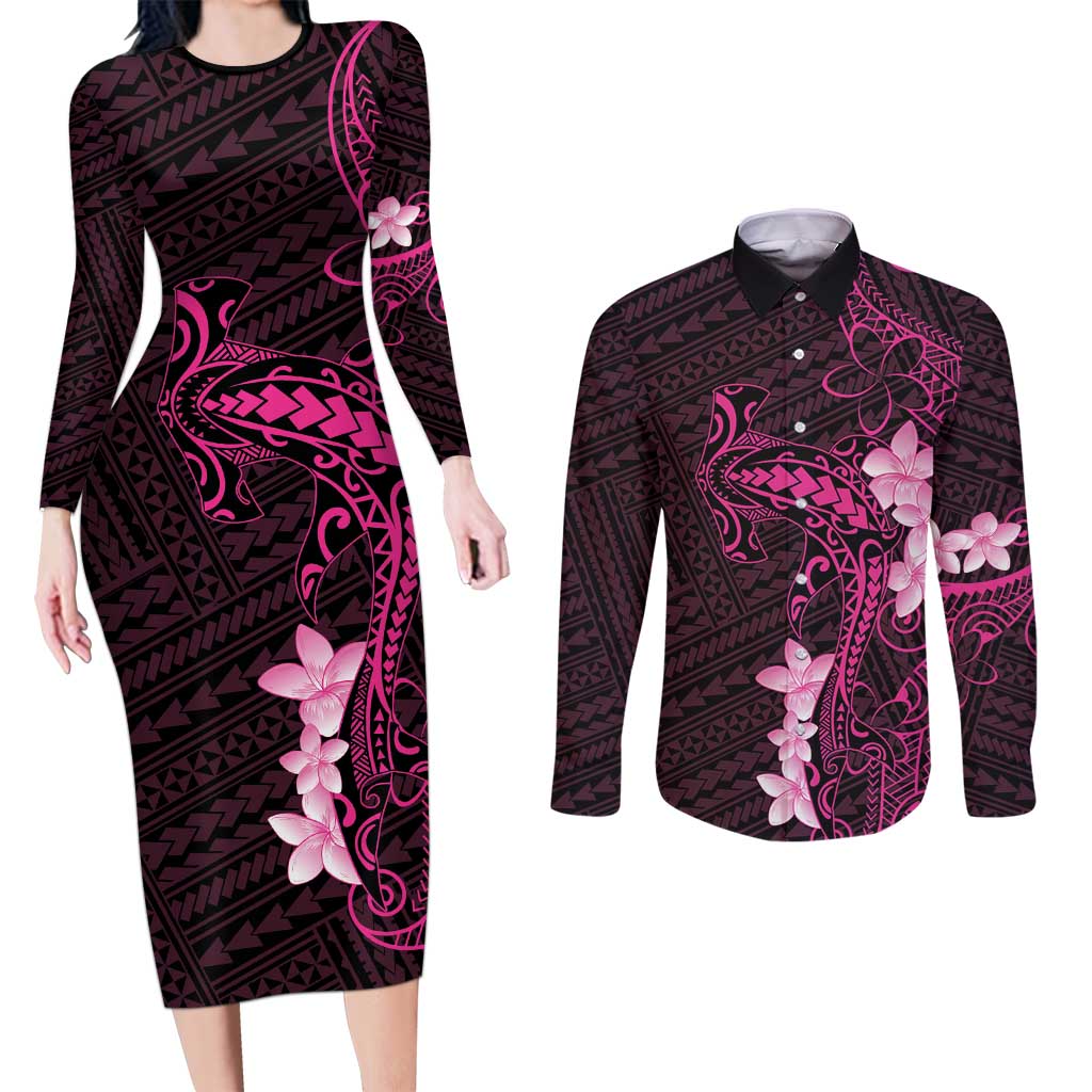 Pink Hawaii Couples Matching Long Sleeve Bodycon Dress and Long Sleeve Button Shirt Hammerhead Shark Tattoo Curve Polynesian - Polynesian Pride