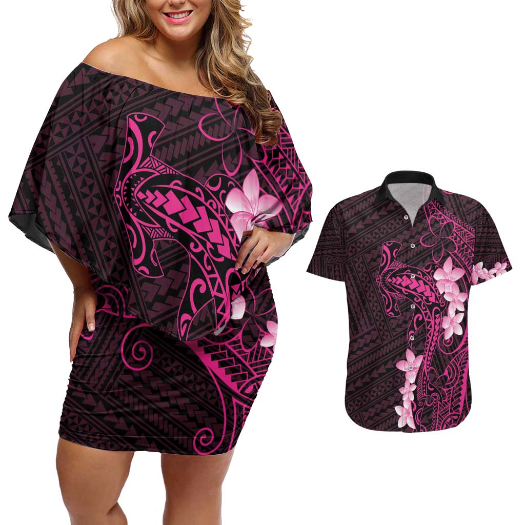Pink Hawaii Couples Matching Off Shoulder Short Dress and Hawaiian Shirt Hammerhead Shark Tattoo Curve Polynesian - Polynesian Pride