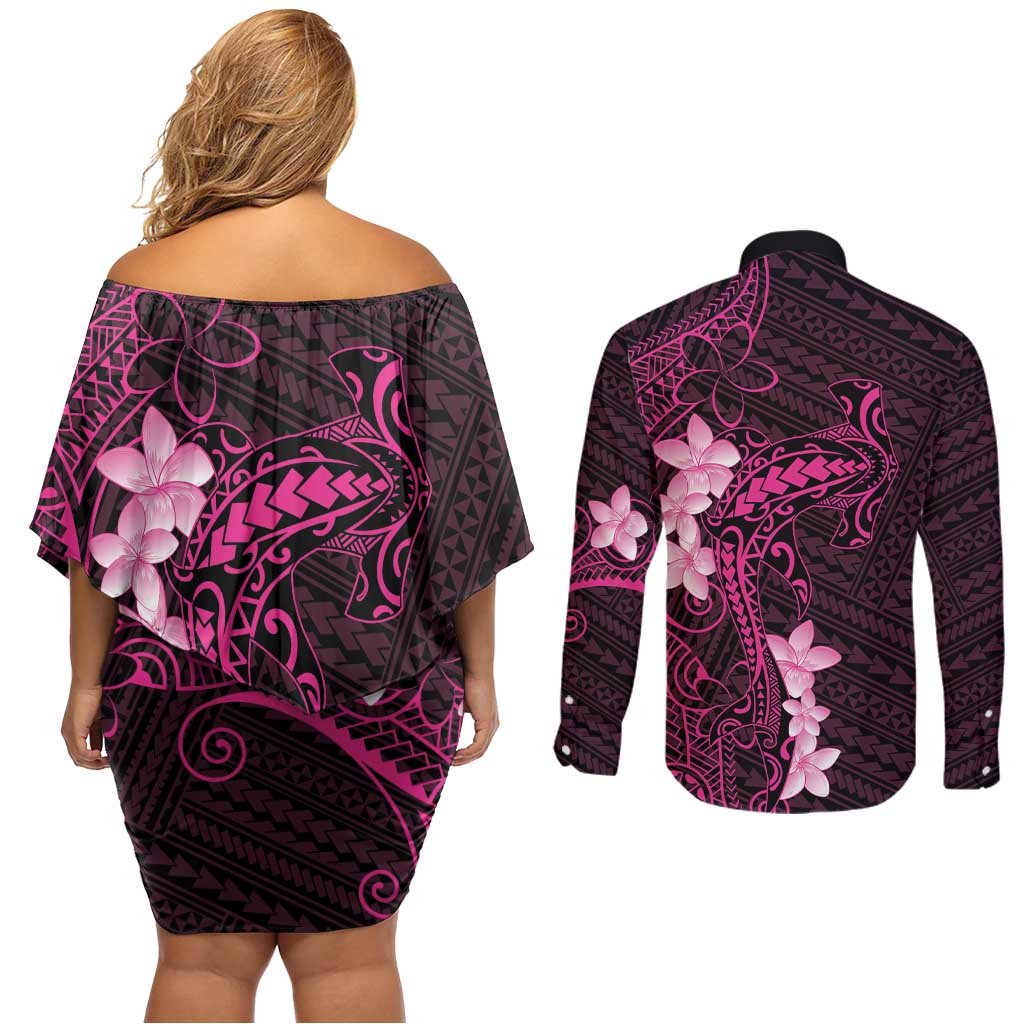 Pink Hawaii Couples Matching Off Shoulder Short Dress and Long Sleeve Button Shirt Hammerhead Shark Tattoo Curve Polynesian - Polynesian Pride