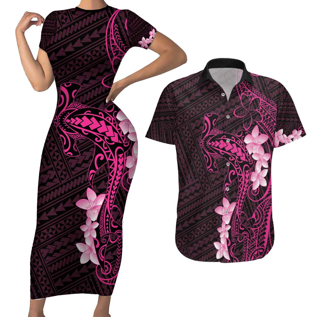 Pink Hawaii Couples Matching Short Sleeve Bodycon Dress and Hawaiian Shirt Hammerhead Shark Tattoo Curve Polynesian - Polynesian Pride