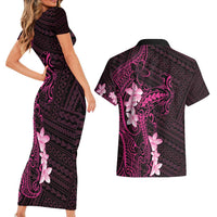 Pink Hawaii Couples Matching Short Sleeve Bodycon Dress and Hawaiian Shirt Hammerhead Shark Tattoo Curve Polynesian - Polynesian Pride