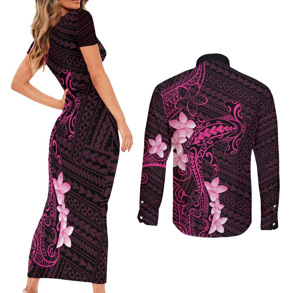 Pink Hawaii Couples Matching Short Sleeve Bodycon Dress and Long Sleeve Button Shirt Hammerhead Shark Tattoo Curve Polynesian - Polynesian Pride