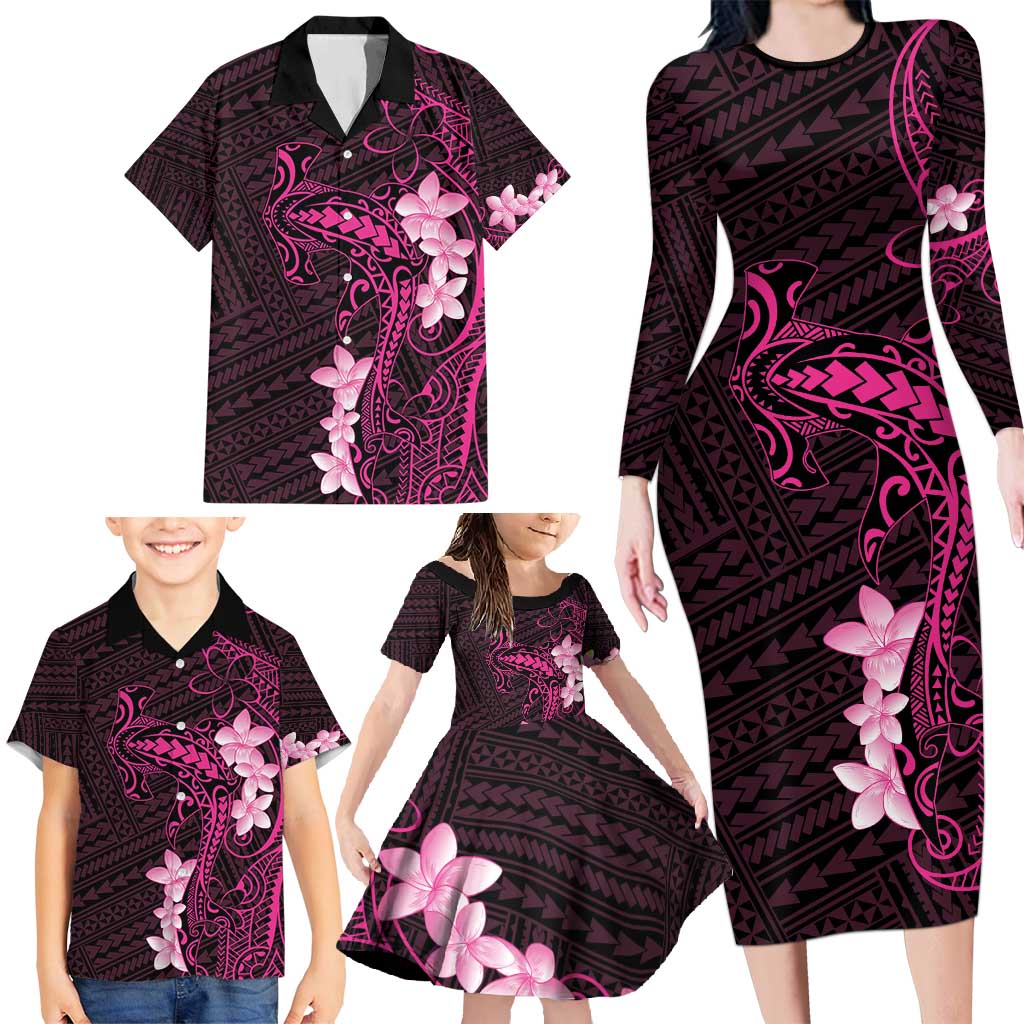 Pink Hawaii Family Matching Long Sleeve Bodycon Dress and Hawaiian Shirt Hammerhead Shark Tattoo Curve Polynesian - Polynesian Pride