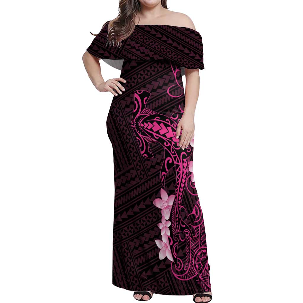 Pink Hawaii Off Shoulder Maxi Dress Hammerhead Shark Tattoo Curve Polynesian - Polynesian Pride