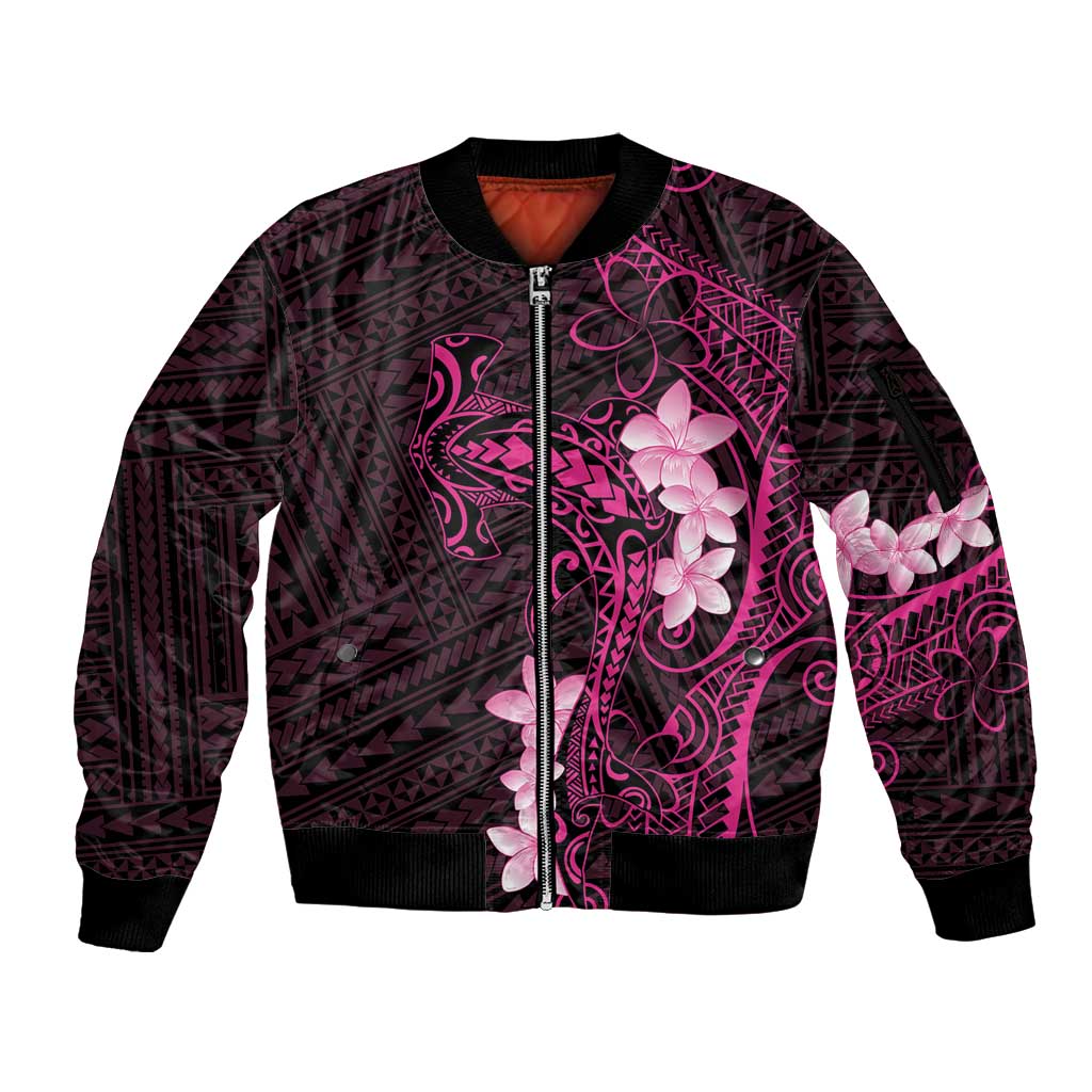 Pink Hawaii Sleeve Zip Bomber Jacket Hammerhead Shark Tattoo Curve Polynesian - Polynesian Pride