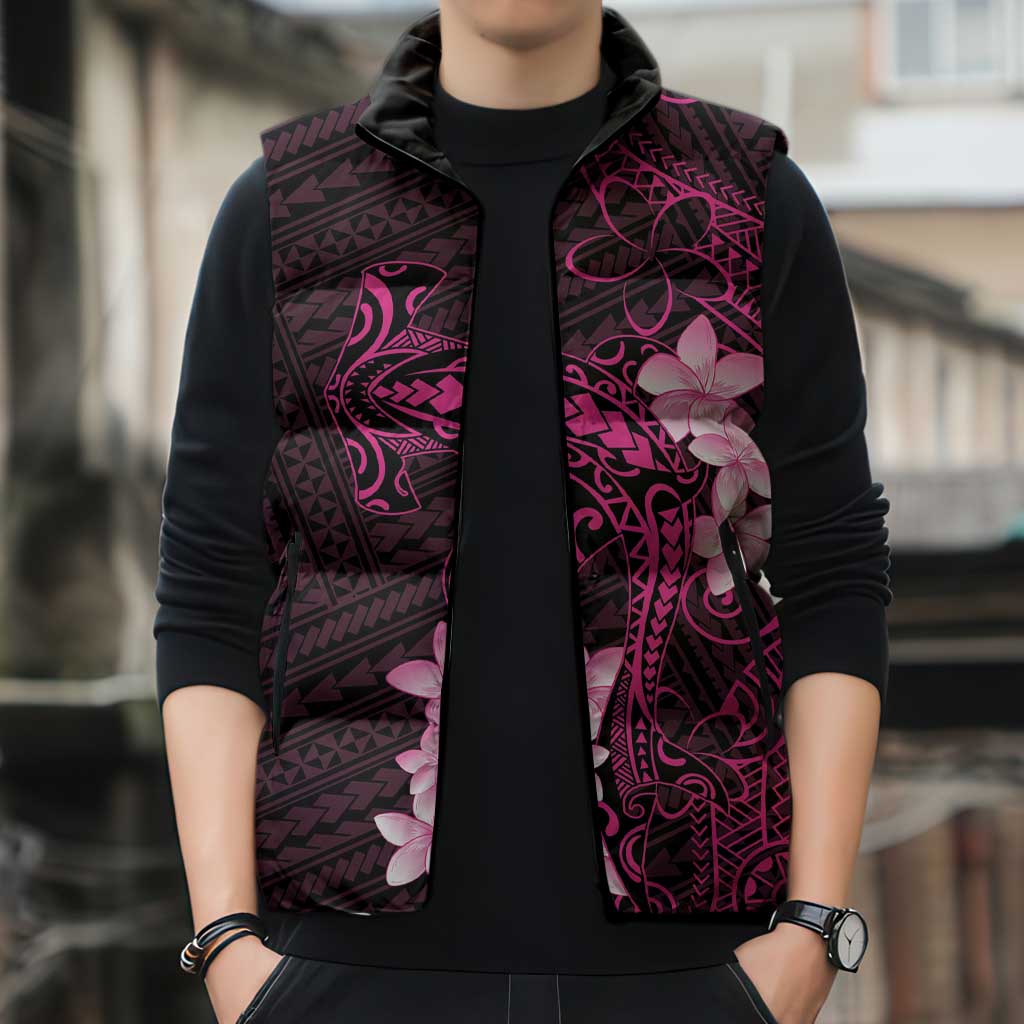 Pink Hawaii Sleeveless Puffer Jacket Hammerhead Shark Tattoo Curve Polynesian - Polynesian Pride