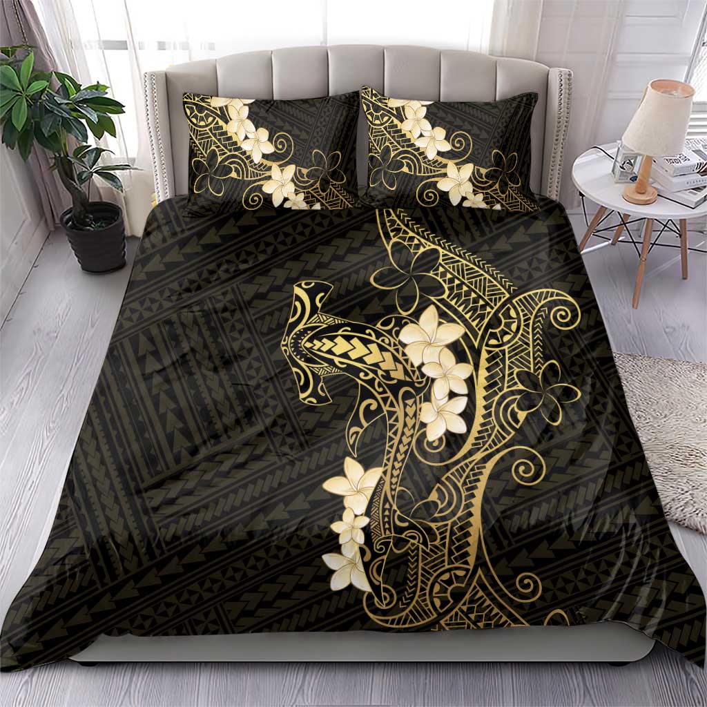 Black and Gold Hawaii Bedding Set Hammerhead Shark Tattoo Curve Polynesian - Polynesian Pride