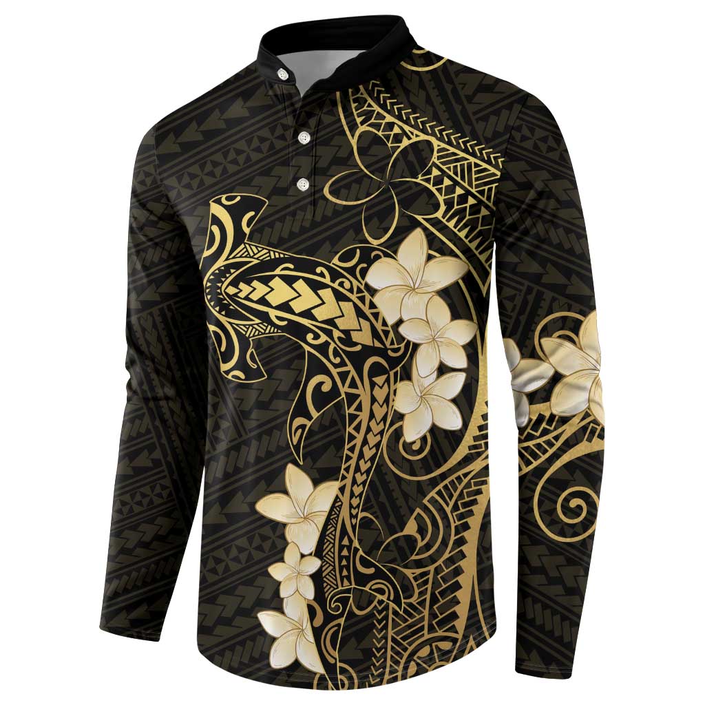 Black and Gold Hawaii Button Sweatshirt Hammerhead Shark Tattoo Curve Polynesian - Polynesian Pride