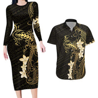 Black and Gold Hawaii Couples Matching Long Sleeve Bodycon Dress and Hawaiian Shirt Hammerhead Shark Tattoo Curve Polynesian - Polynesian Pride