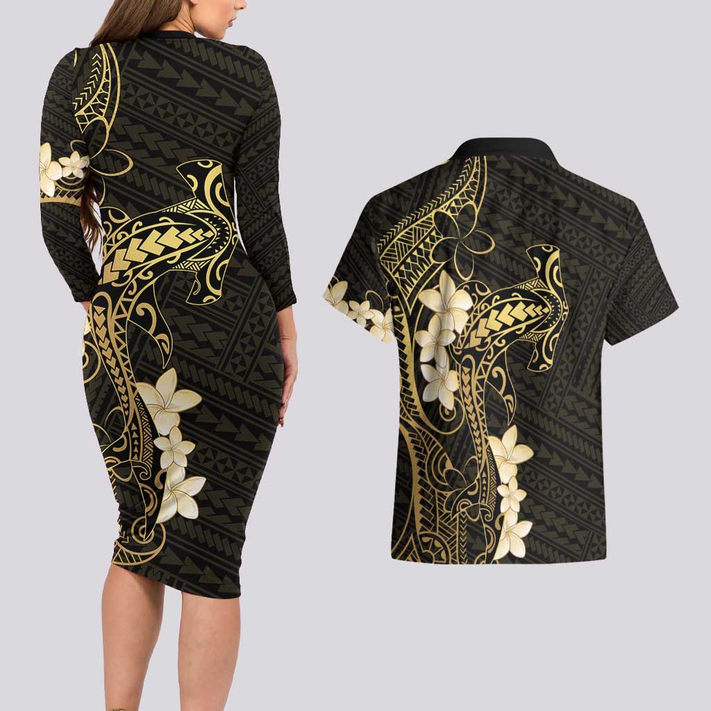 Black and Gold Hawaii Couples Matching Long Sleeve Bodycon Dress and Hawaiian Shirt Hammerhead Shark Tattoo Curve Polynesian - Polynesian Pride