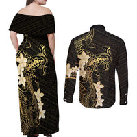 Black and Gold Hawaii Couples Matching Off Shoulder Maxi Dress and Long Sleeve Button Shirt Hammerhead Shark Tattoo Curve Polynesian - Polynesian Pride