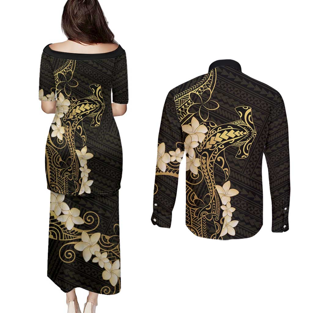 Black and Gold Hawaii Couples Matching Puletasi and Long Sleeve Button Shirt Hammerhead Shark Tattoo Curve Polynesian - Polynesian Pride