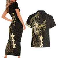 Black and Gold Hawaii Couples Matching Short Sleeve Bodycon Dress and Hawaiian Shirt Hammerhead Shark Tattoo Curve Polynesian - Polynesian Pride