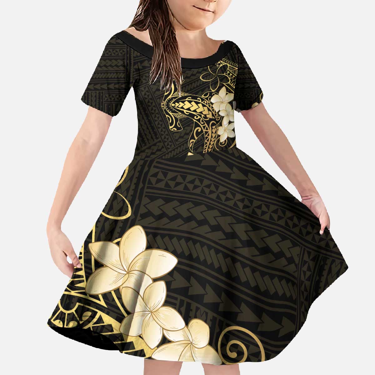 Black and Gold Hawaii Family Matching Off The Shoulder Long Sleeve Dress and Hawaiian Shirt Hammerhead Shark Tattoo Curve Polynesian - Polynesian Pride