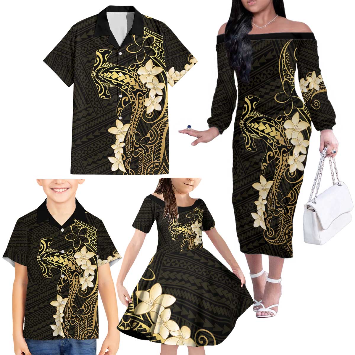 Black and Gold Hawaii Family Matching Off The Shoulder Long Sleeve Dress and Hawaiian Shirt Hammerhead Shark Tattoo Curve Polynesian - Polynesian Pride