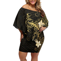 Black and Gold Hawaii Family Matching Off Shoulder Short Dress and Hawaiian Shirt Hammerhead Shark Tattoo Curve Polynesian - Polynesian Pride