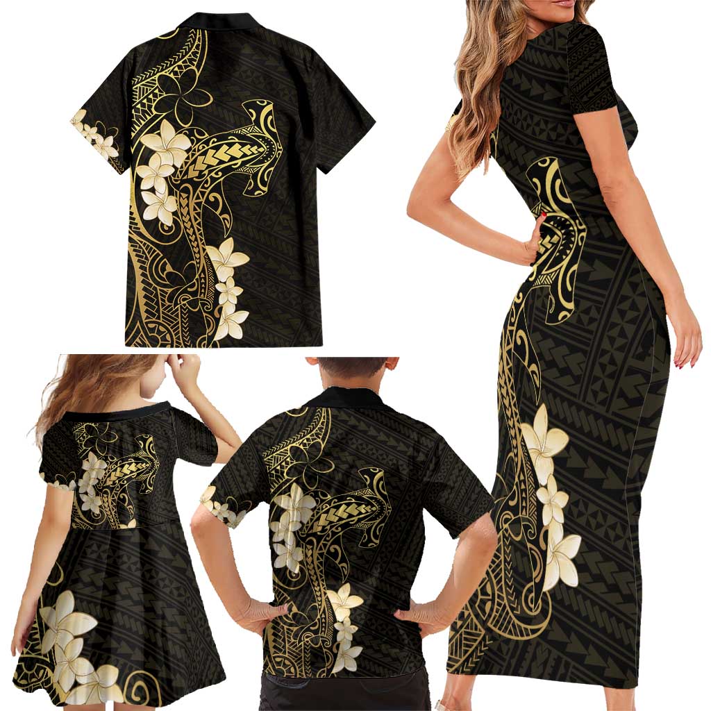 Black and Gold Hawaii Family Matching Short Sleeve Bodycon Dress and Hawaiian Shirt Hammerhead Shark Tattoo Curve Polynesian - Polynesian Pride