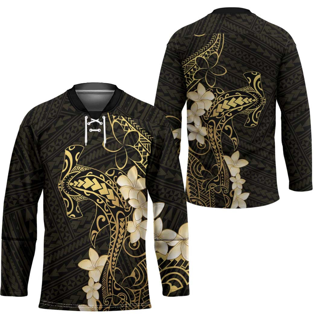 Black and Gold Hawaii Hockey Jersey Hammerhead Shark Tattoo Curve Polynesian - Polynesian Pride