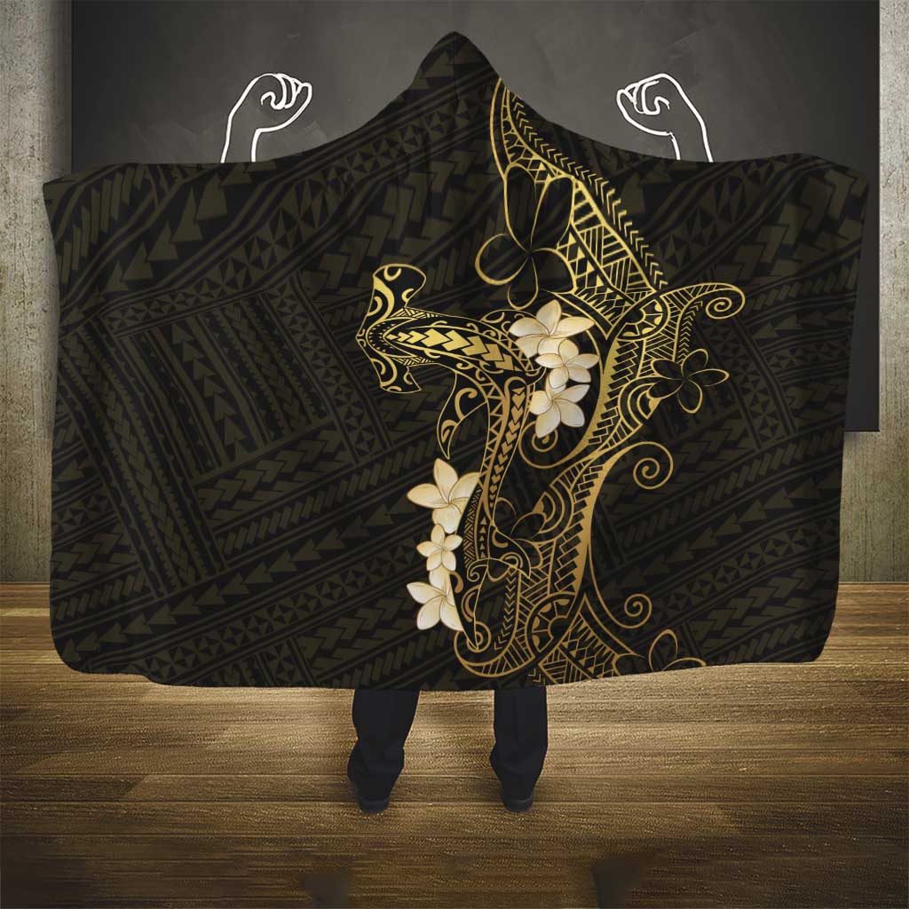 Black and Gold Hawaii Hooded Blanket Hammerhead Shark Tattoo Curve Polynesian - Polynesian Pride