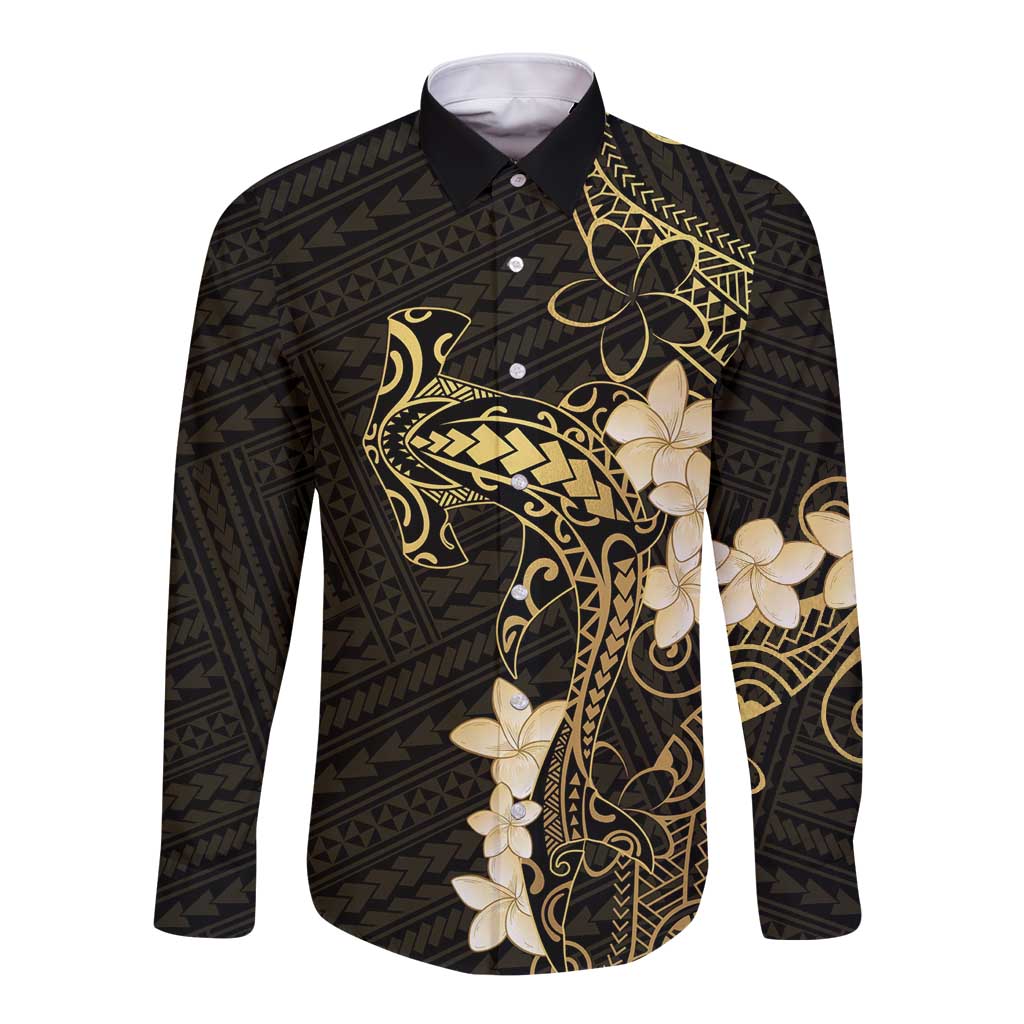 Black and Gold Hawaii Long Sleeve Button Shirt Hammerhead Shark Tattoo Curve Polynesian - Polynesian Pride