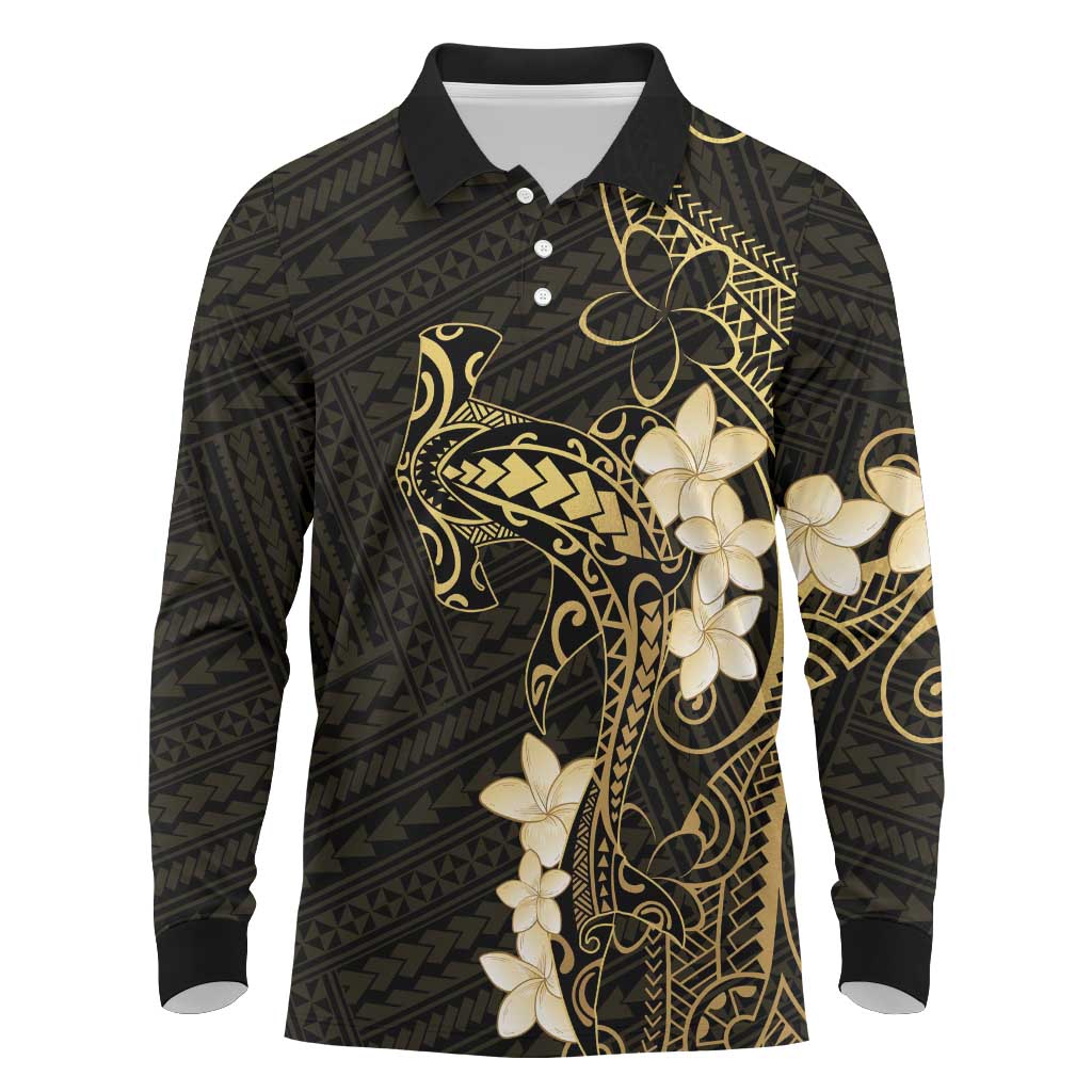 Black and Gold Hawaii Long Sleeve Polo Shirt Hammerhead Shark Tattoo Curve Polynesian - Polynesian Pride