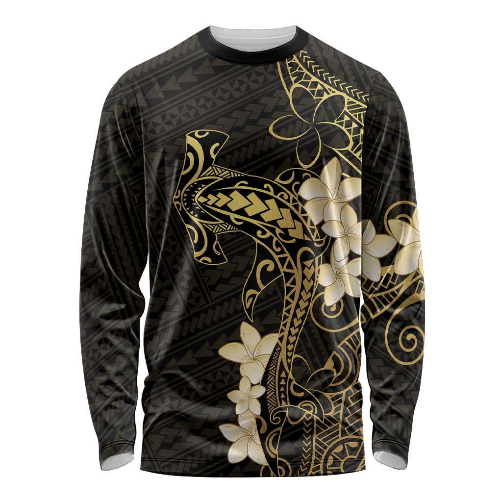 Black and Gold Hawaii Long Sleeve Shirt Hammerhead Shark Tattoo Curve Polynesian - Polynesian Pride