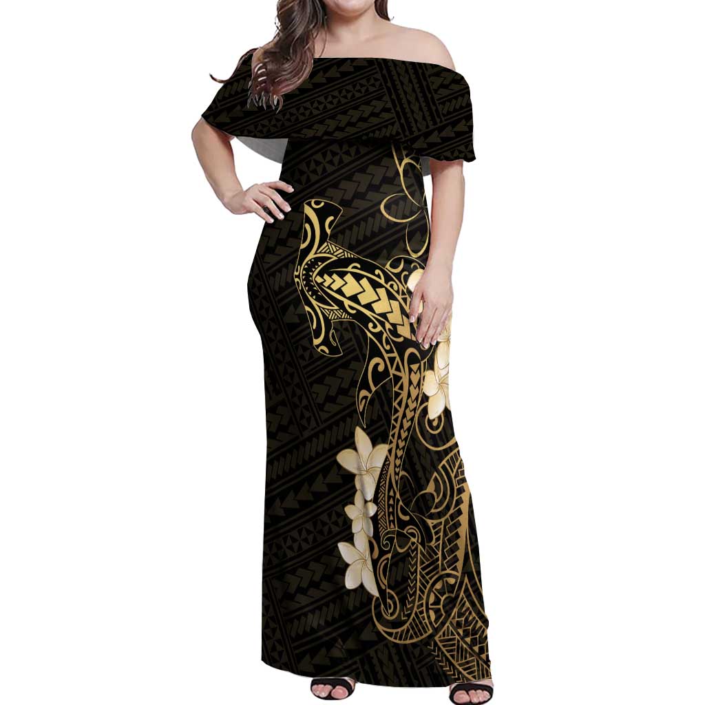 Black and Gold Hawaii Off Shoulder Maxi Dress Hammerhead Shark Tattoo Curve Polynesian - Polynesian Pride