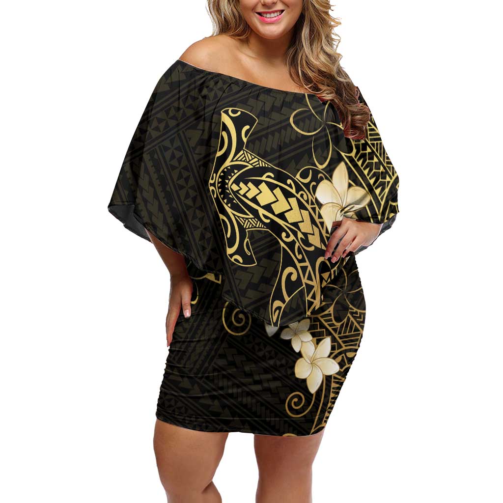 Black and Gold Hawaii Off Shoulder Short Dress Hammerhead Shark Tattoo Curve Polynesian - Polynesian Pride