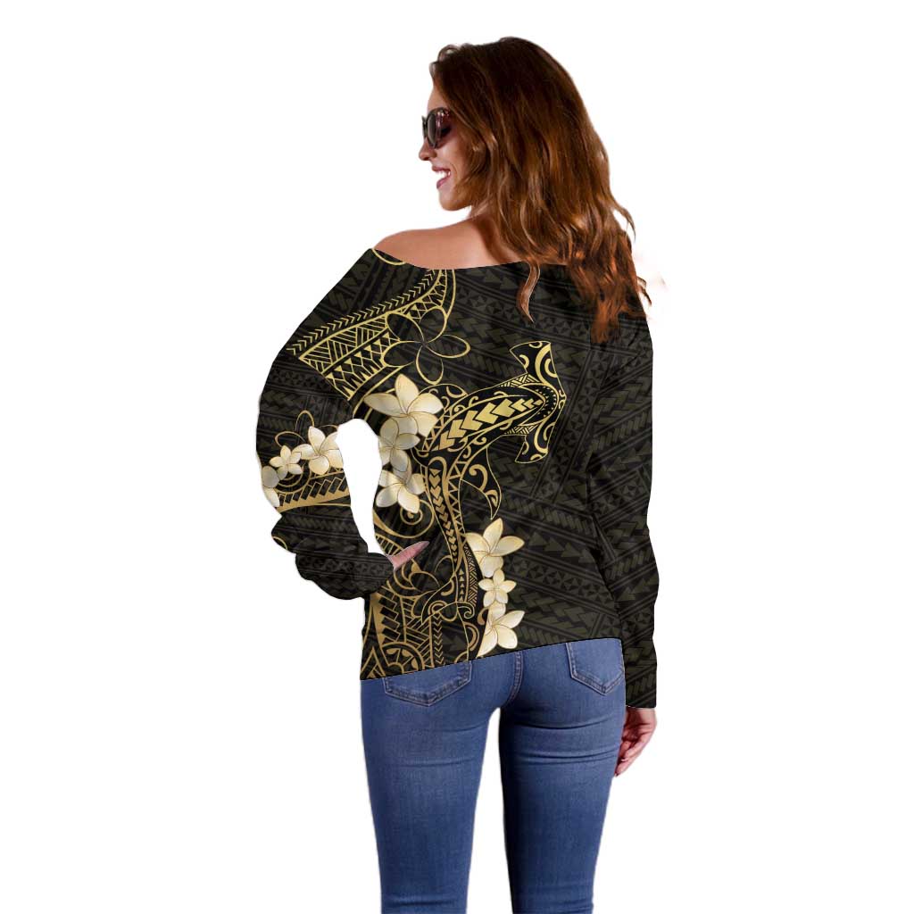 Black and Gold Hawaii Off Shoulder Sweater Hammerhead Shark Tattoo Curve Polynesian - Polynesian Pride