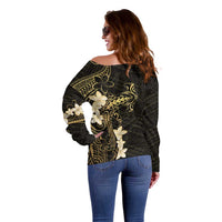 Black and Gold Hawaii Off Shoulder Sweater Hammerhead Shark Tattoo Curve Polynesian - Polynesian Pride