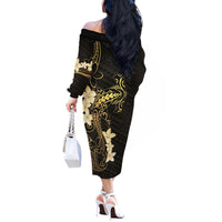 Black and Gold Hawaii Off The Shoulder Long Sleeve Dress Hammerhead Shark Tattoo Curve Polynesian - Polynesian Pride