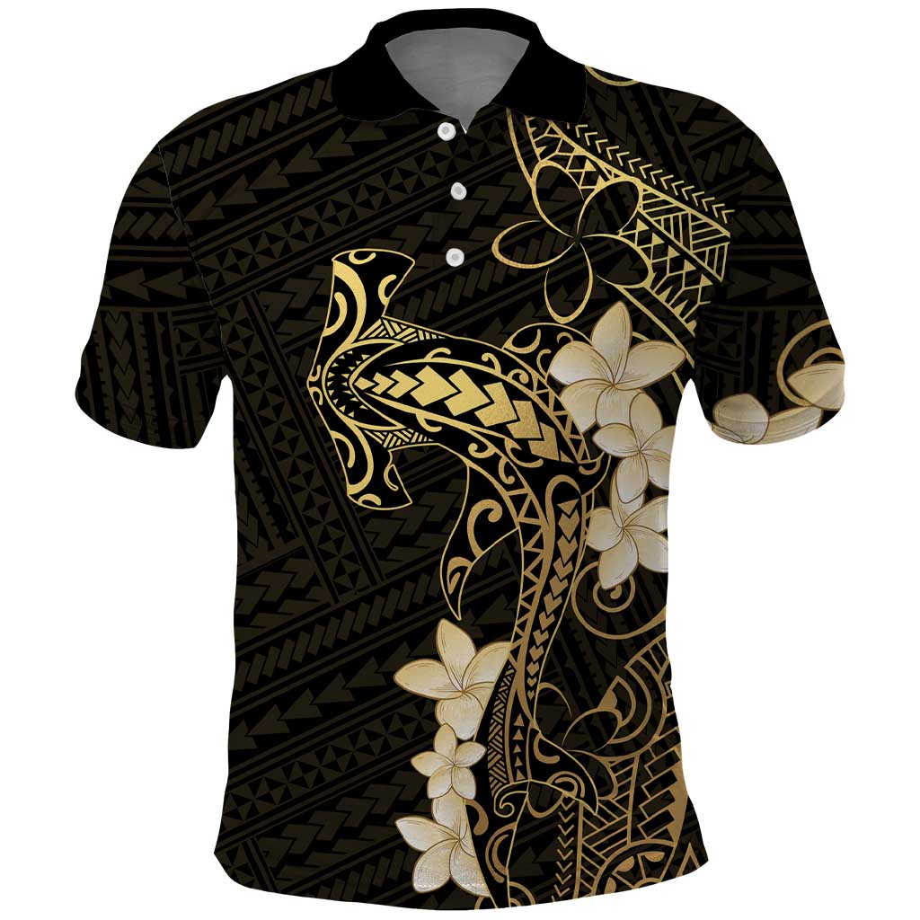 Black and Gold Hawaii Polo Shirt Hammerhead Shark Tattoo Curve Polynesian - Polynesian Pride