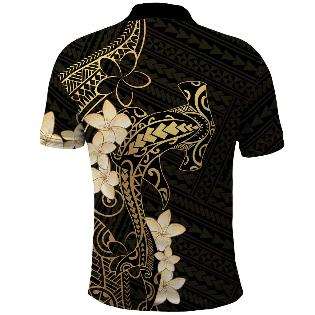 Black and Gold Hawaii Polo Shirt Hammerhead Shark Tattoo Curve Polynesian - Polynesian Pride