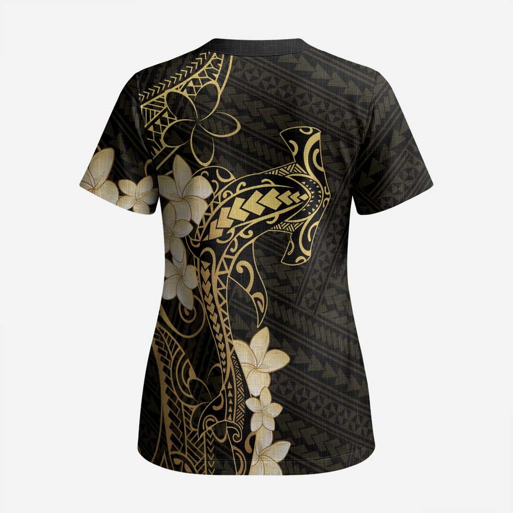 Black and Gold Hawaii Scrub Top Hammerhead Shark Tattoo Curve Polynesian - Polynesian Pride