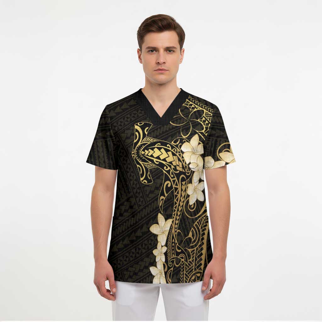Black and Gold Hawaii Scrub Top Hammerhead Shark Tattoo Curve Polynesian - Polynesian Pride