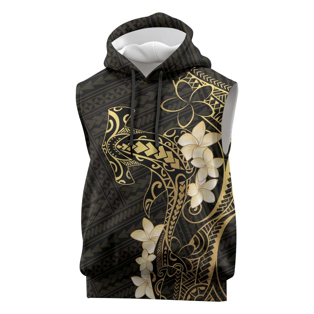 Black and Gold Hawaii Sleeveless Hoodie Hammerhead Shark Tattoo Curve Polynesian - Polynesian Pride