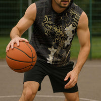 Black and Gold Hawaii Sleeveless Hoodie Hammerhead Shark Tattoo Curve Polynesian - Polynesian Pride