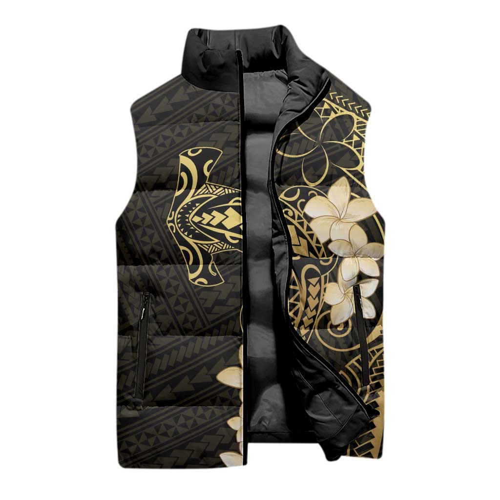 Black and Gold Hawaii Sleeveless Puffer Jacket Hammerhead Shark Tattoo Curve Polynesian - Polynesian Pride