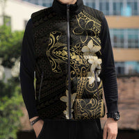 Black and Gold Hawaii Sleeveless Puffer Jacket Hammerhead Shark Tattoo Curve Polynesian - Polynesian Pride