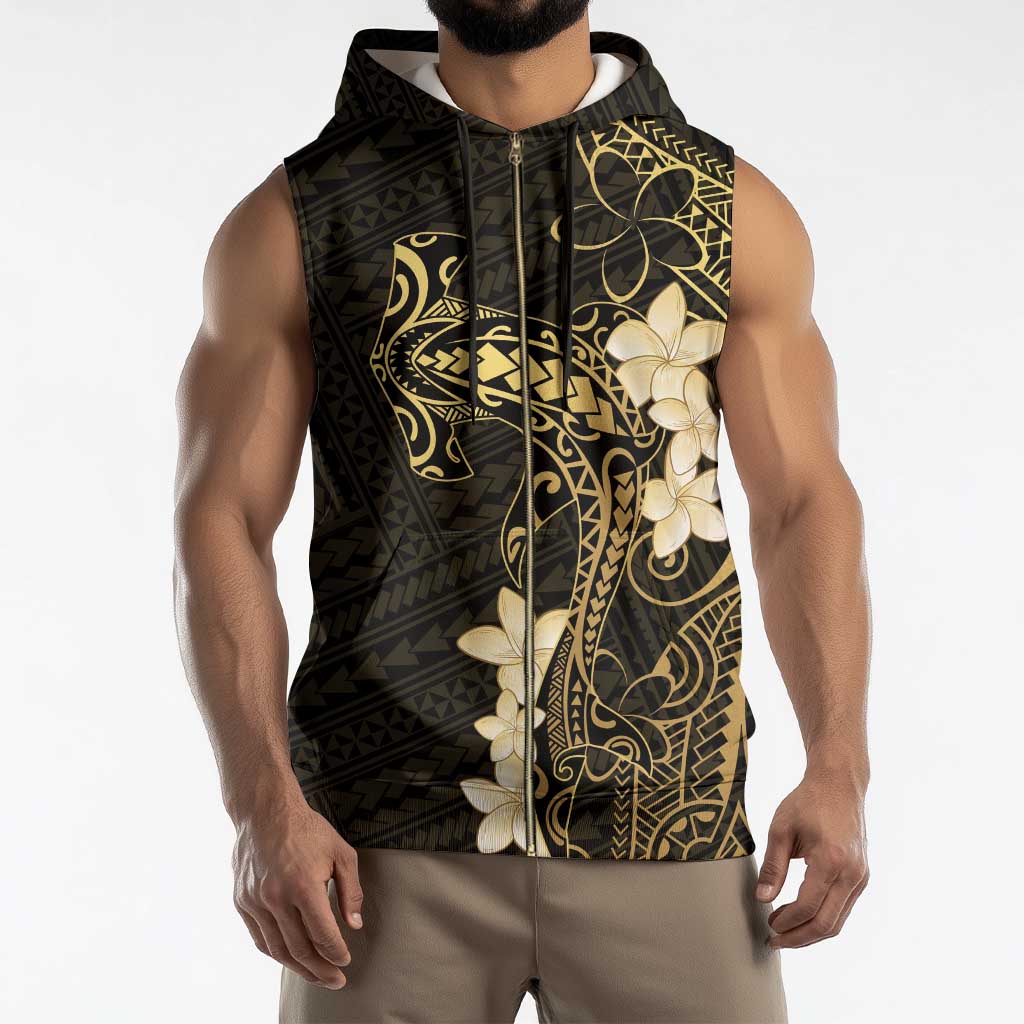 Black and Gold Hawaii Sleeveless Zip Hoodie Hammerhead Shark Tattoo Curve Polynesian - Polynesian Pride
