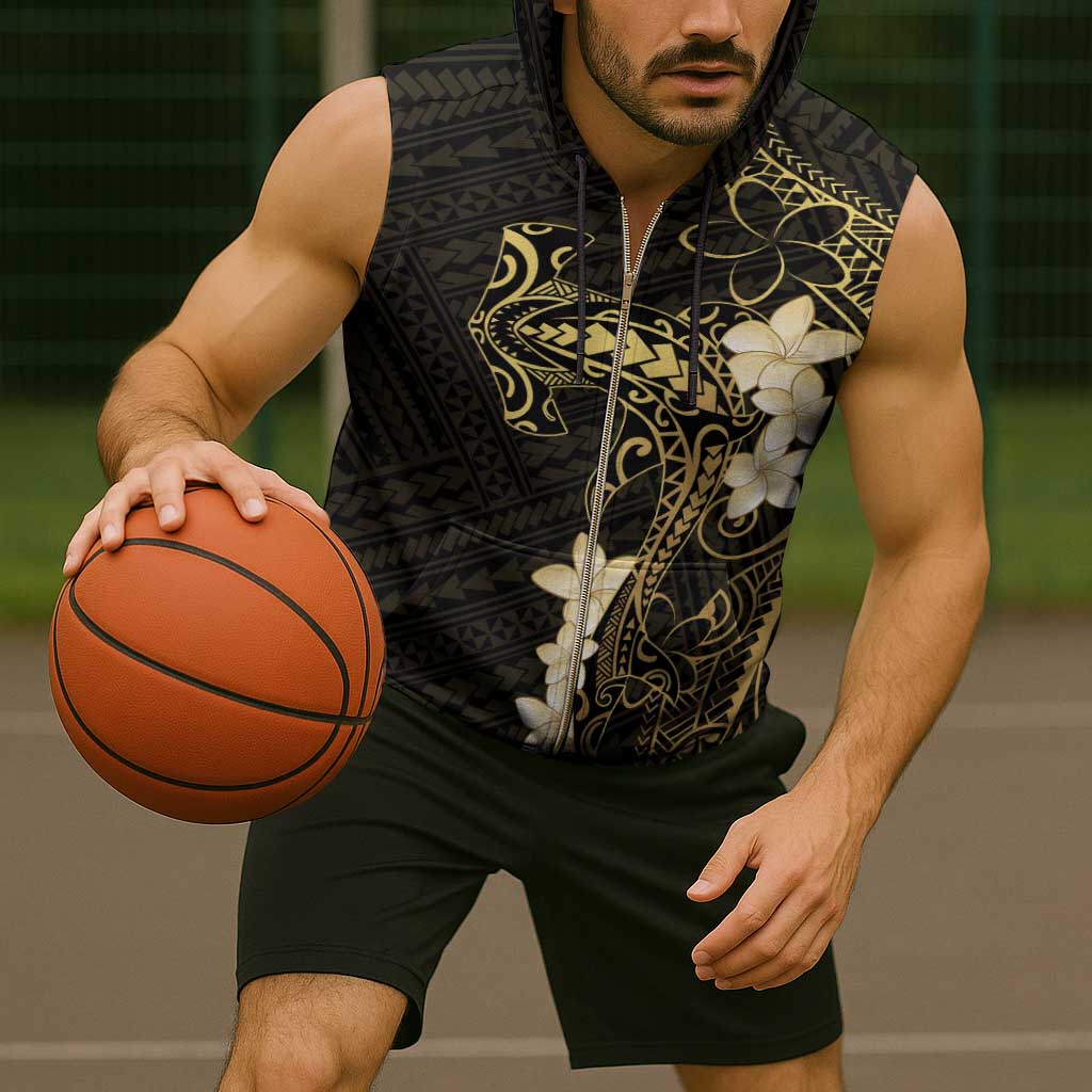 Black and Gold Hawaii Sleeveless Zip Hoodie Hammerhead Shark Tattoo Curve Polynesian - Polynesian Pride
