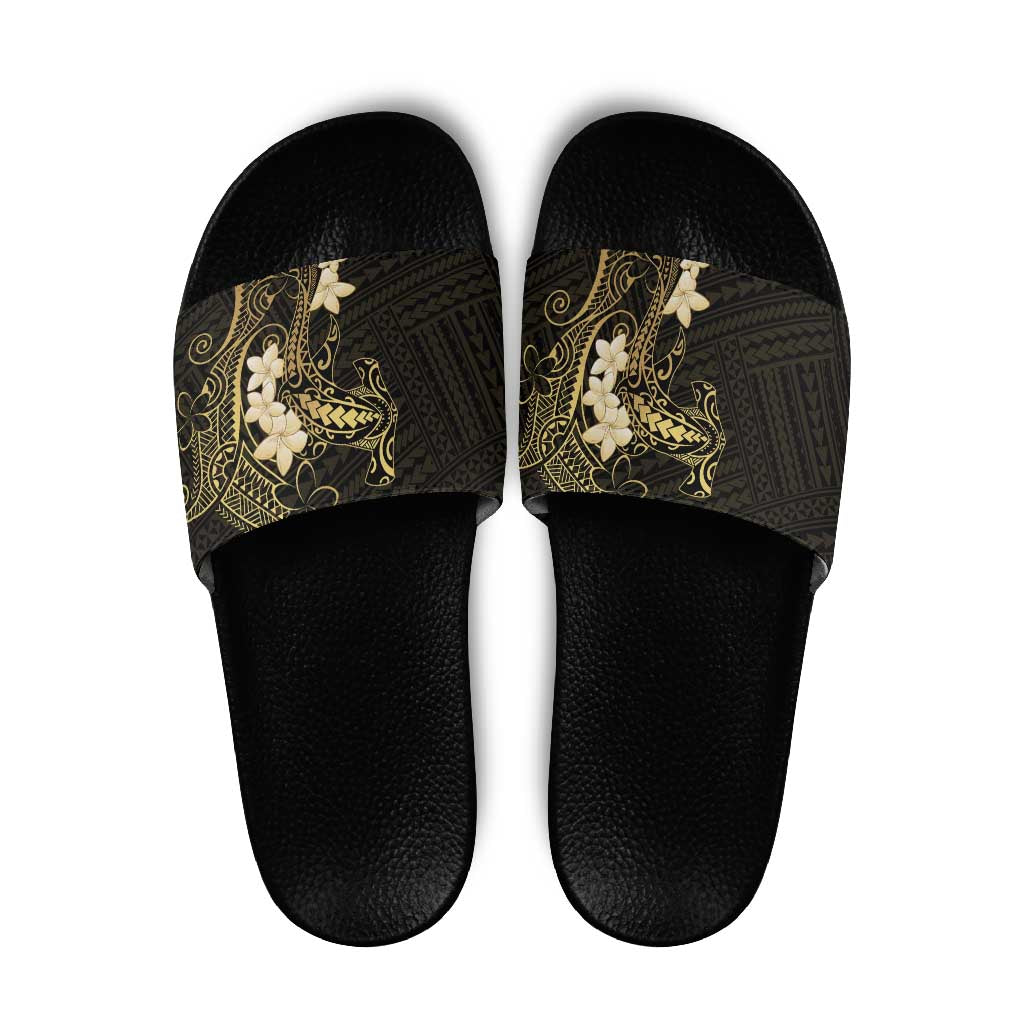 Black and Gold Hawaii Slide Sandals Hammerhead Shark Tattoo Curve Polynesian - Polynesian Pride