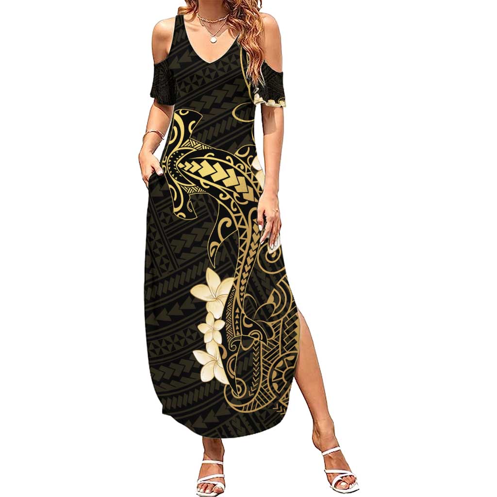 Black and Gold Hawaii Summer Maxi Dress Hammerhead Shark Tattoo Curve Polynesian - Polynesian Pride