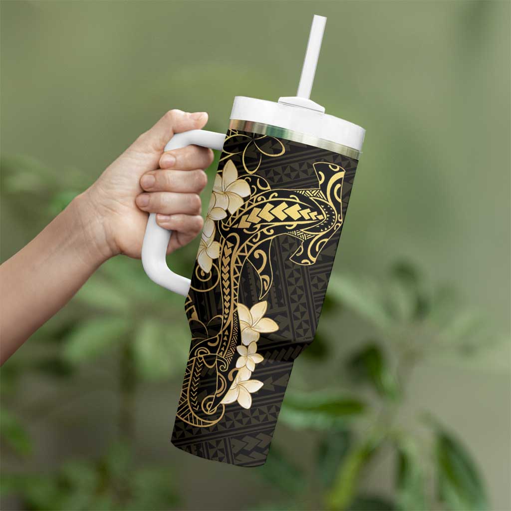 Black and Gold Hawaii Tumbler With Handle Hammerhead Shark Tattoo Curve Polynesian - Polynesian Pride