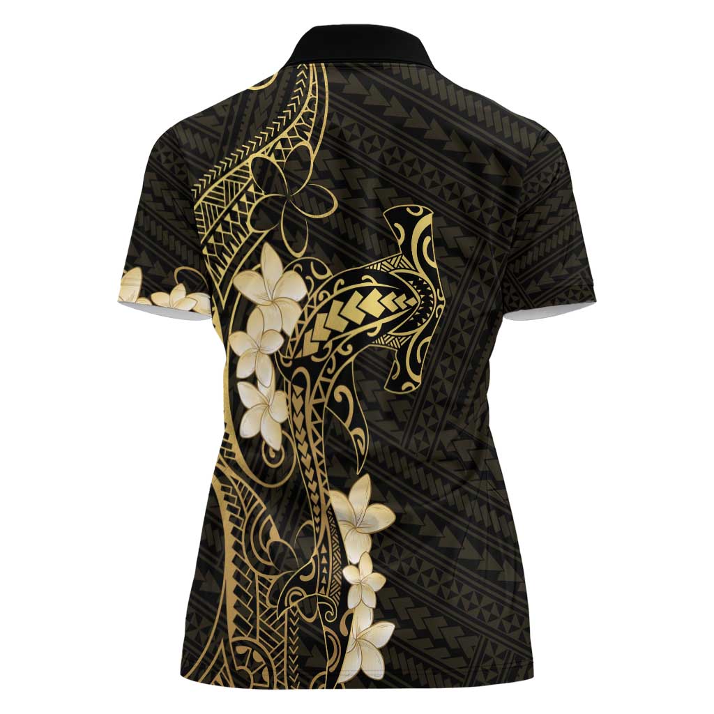 Black and Gold Hawaii Women Polo Shirt Hammerhead Shark Tattoo Curve Polynesian - Polynesian Pride