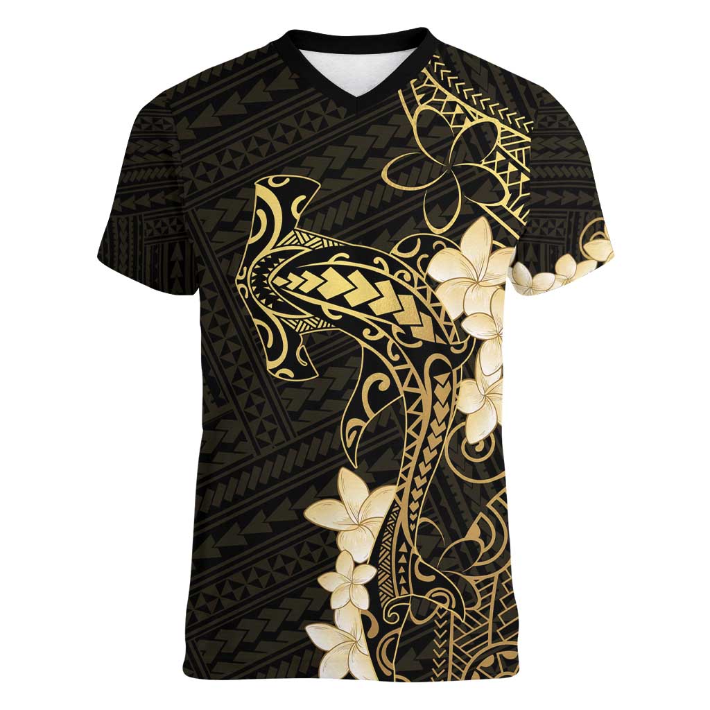 Black and Gold Hawaii Women V-Neck T-Shirt Hammerhead Shark Tattoo Curve Polynesian - Polynesian Pride