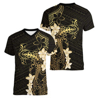 Black and Gold Hawaii Women V-Neck T-Shirt Hammerhead Shark Tattoo Curve Polynesian - Polynesian Pride